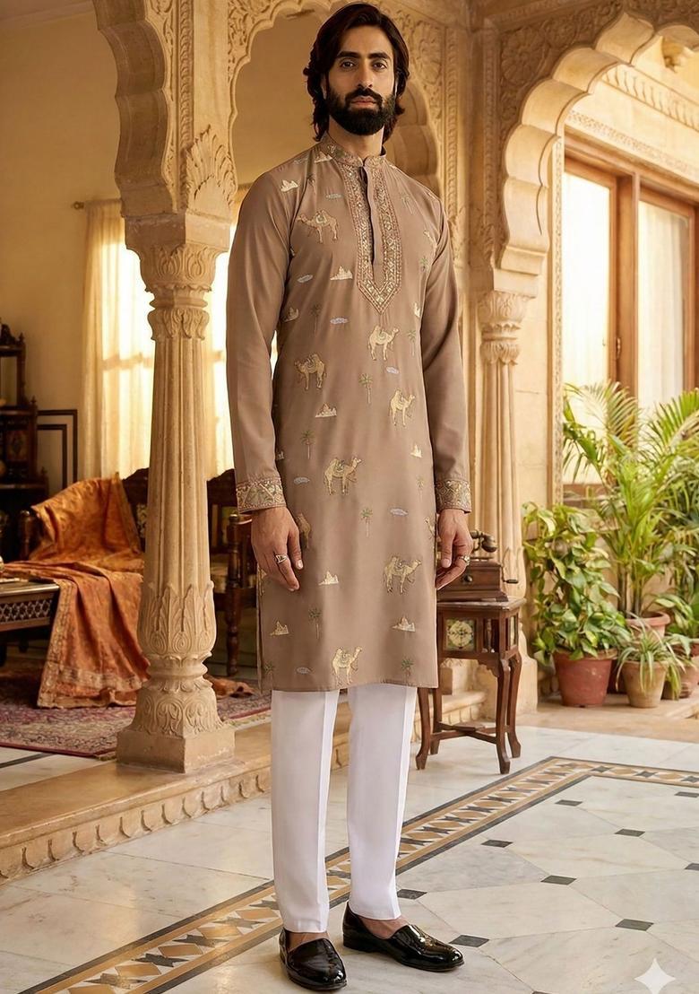 Beige Embroidered Silk Kurta Set For Men - Indya