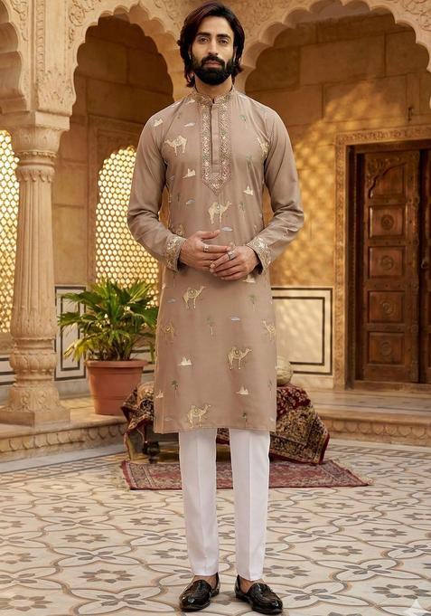 Beige Embroidered Silk Kurta Set For Men