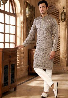 Grey Embroidered Silk Kurta Set For Men