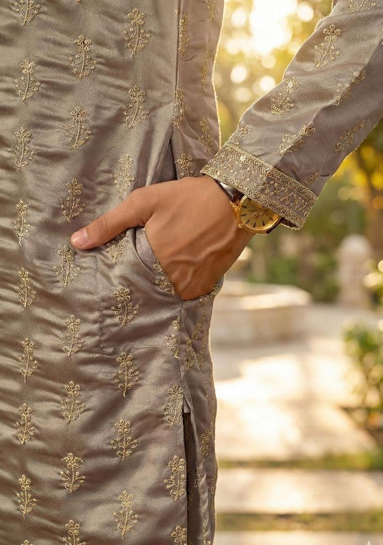 Grey Embroidered Silk Kurta Set For Men - Indya
