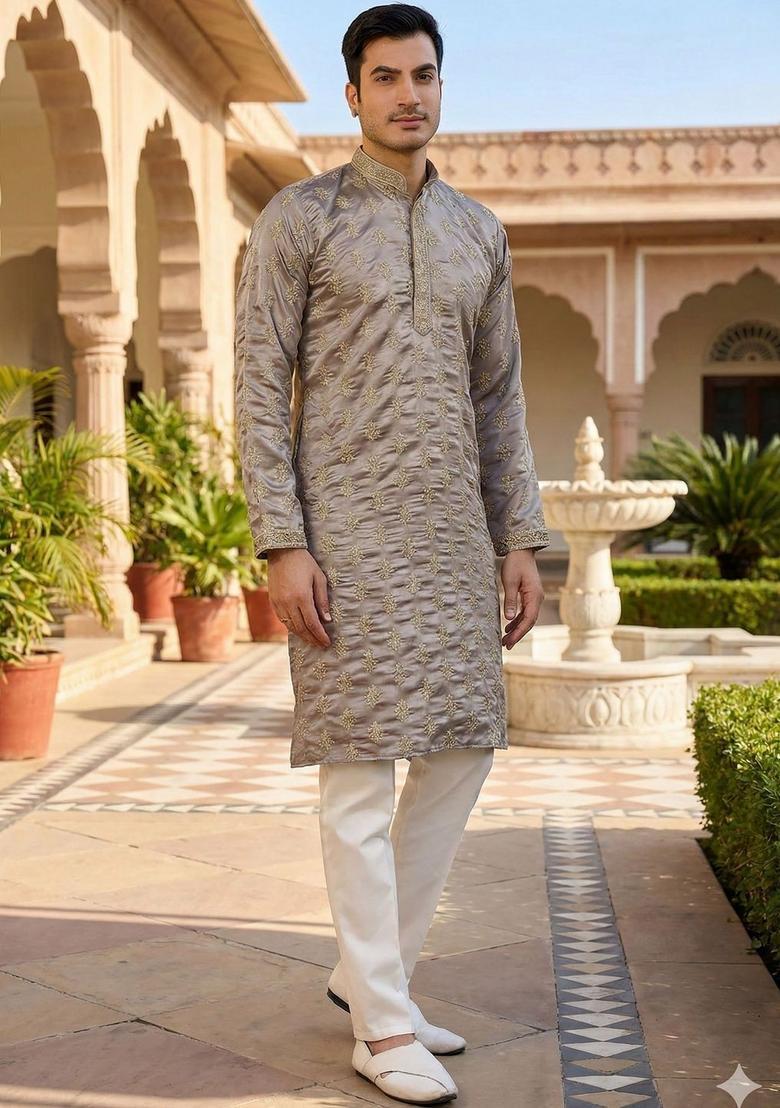 Grey Embroidered Silk Kurta Set For Men - Indya