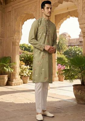 Olive Embroidered Silk Kurta Set For Men