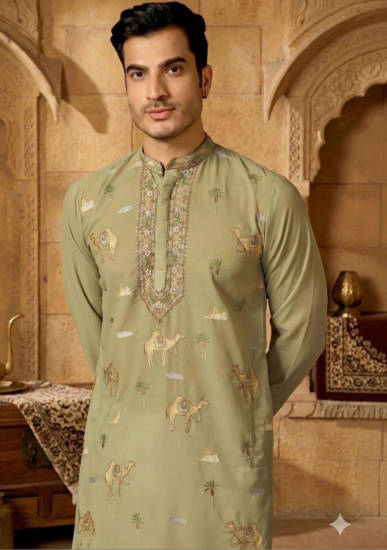 Olive Embroidered Silk Kurta Set For Men - Indya