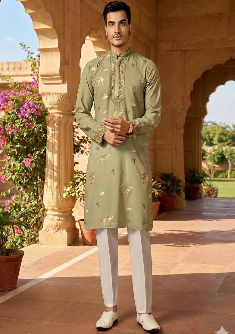 Olive Embroidered Silk Kurta Set For Men - Indya