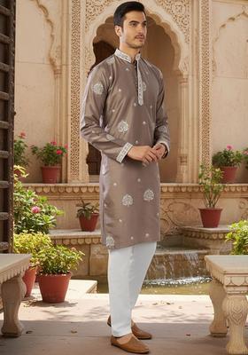 Brown Embroidered Silk Kurta Set For Men