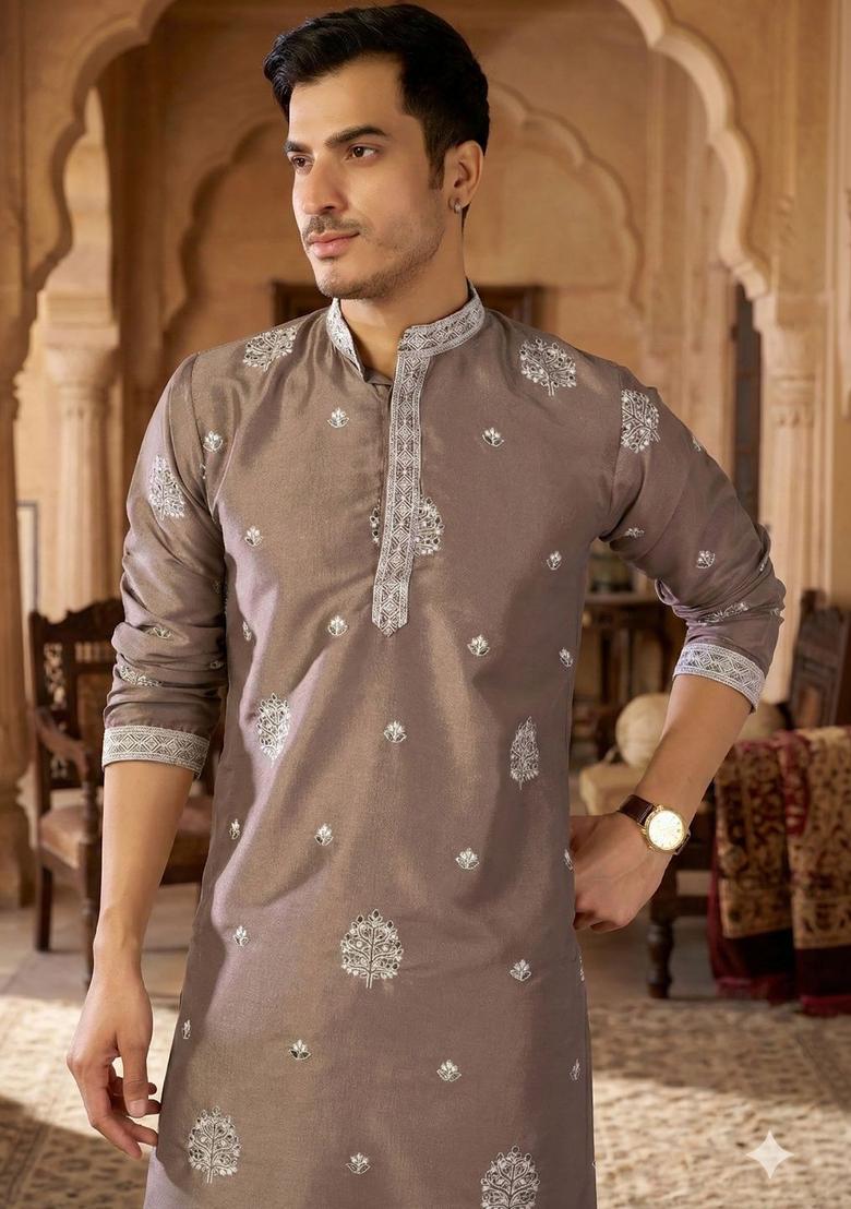 Brown Embroidered Silk Kurta Set For Men - Indya