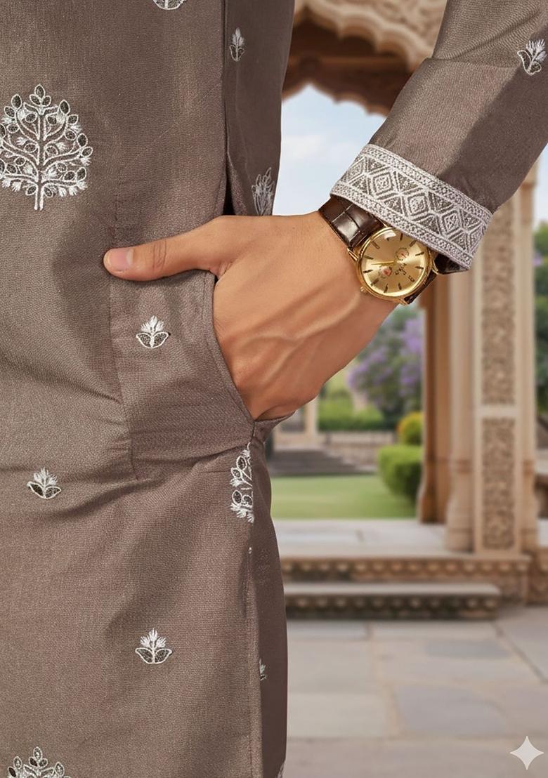 Brown Embroidered Silk Kurta Set For Men - Indya