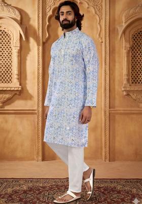 White Printed Silk Kurta Set For Men