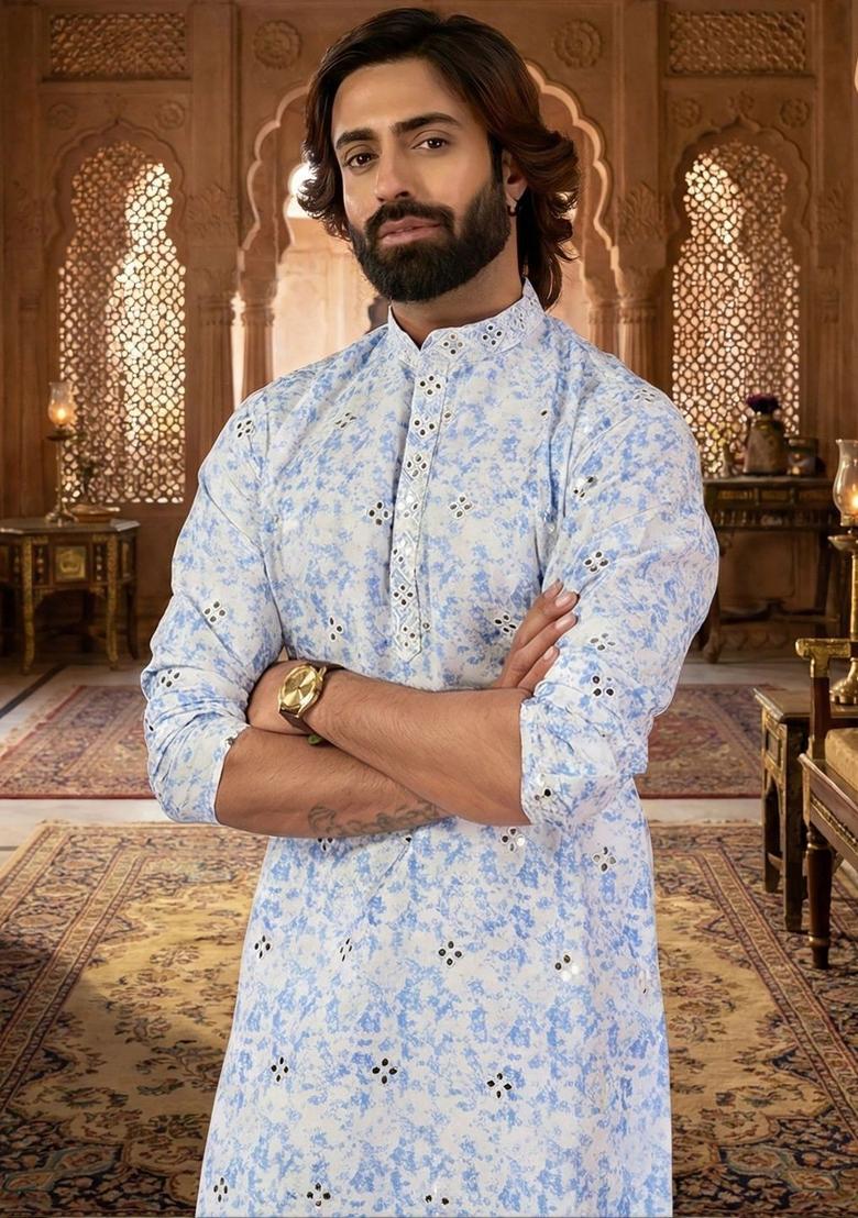 White Printed Silk Kurta Set For Men - Indya