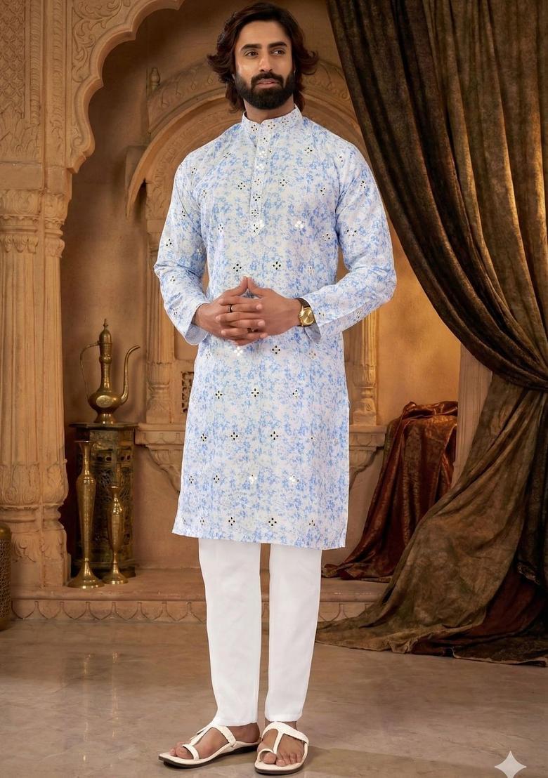 White Printed Silk Kurta Set For Men - Indya