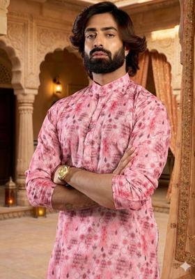 Pink Printed Silk Kurta Set For Men