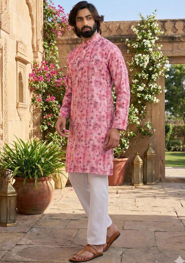 Pink Printed Silk Kurta Set For Men - Indya