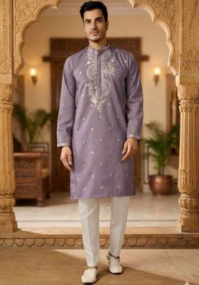 Purple Embroidered Silk Kurta Set For Men