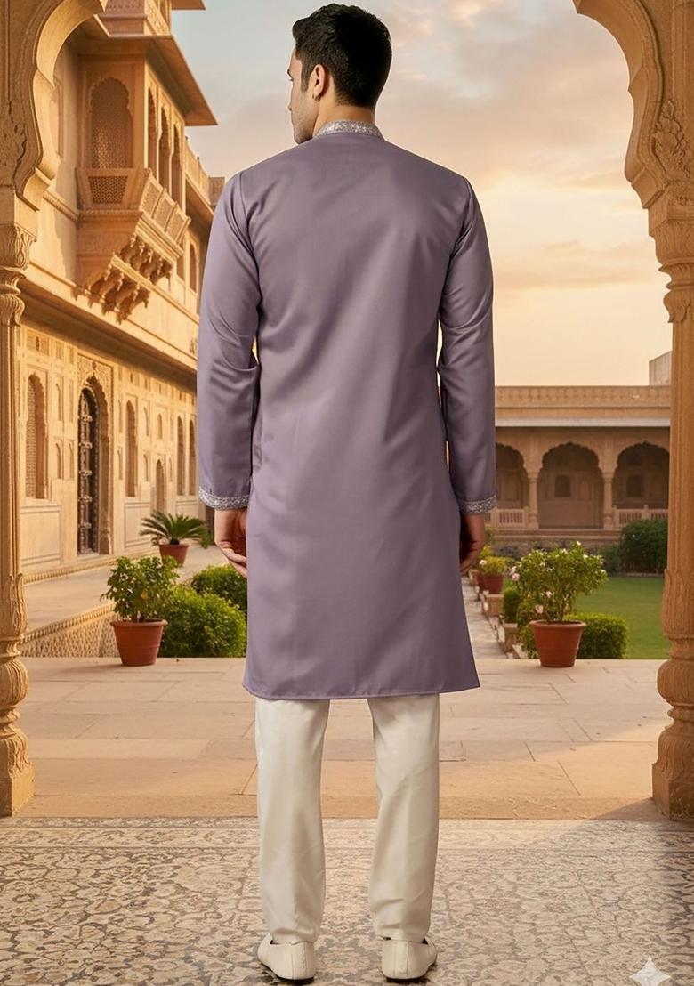 Purple Embroidered Silk Kurta Set For Men - Indya