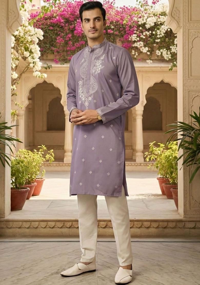Purple Embroidered Silk Kurta Set For Men - Indya