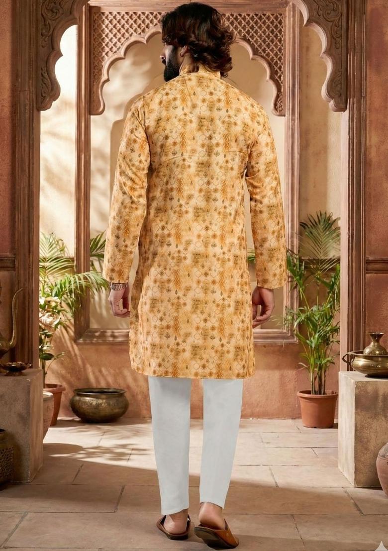 Yellow Printed Cotton Kurta Set For Men - Indya