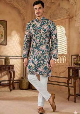 Blue Printed Polyester Kurta Set For Men