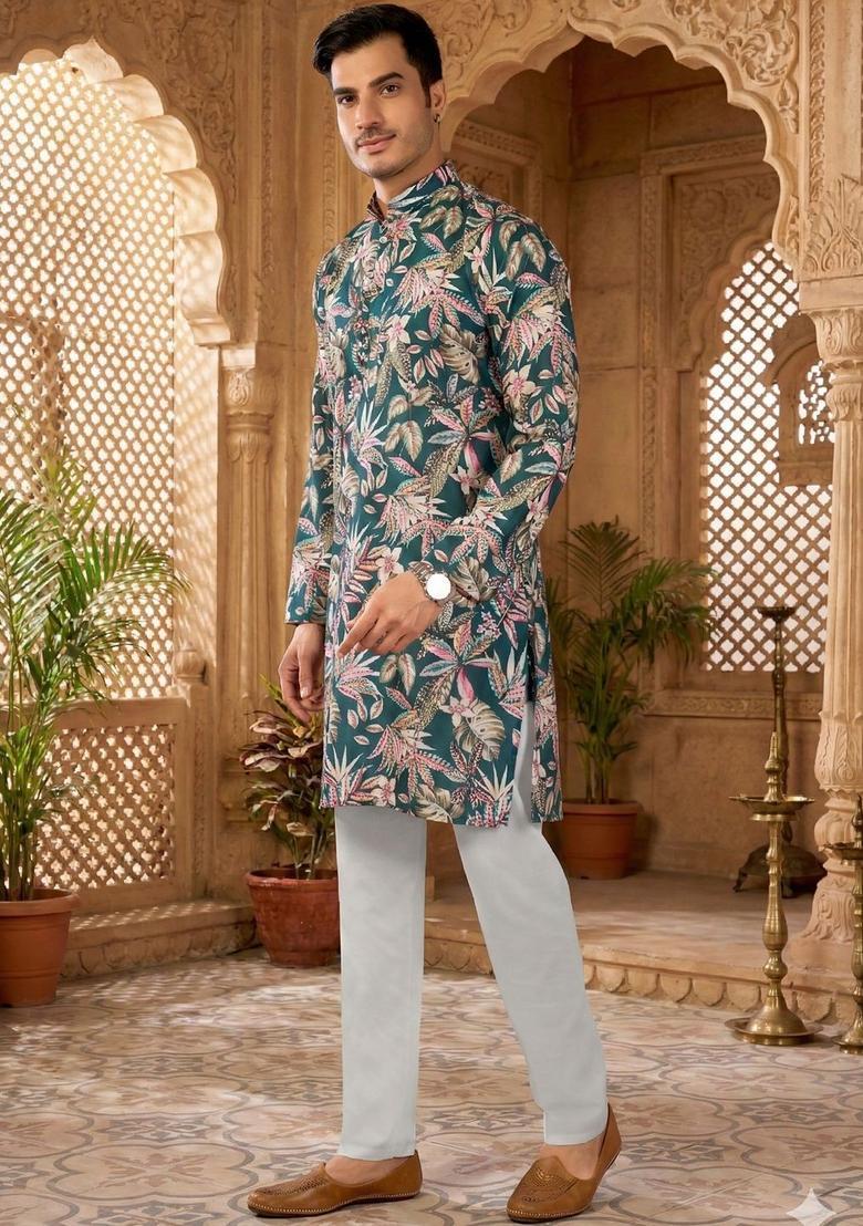 Blue Printed Polyester Kurta Set For Men - Indya