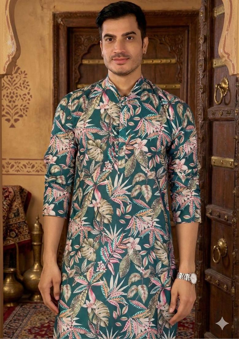 Blue Printed Polyester Kurta Set For Men - Indya