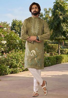 Olive Embroidered Cotton Kurta Set For Men