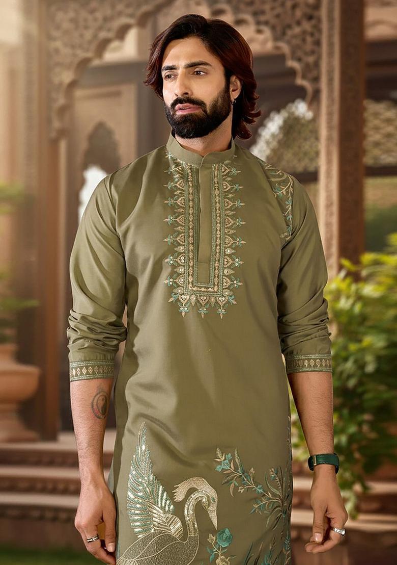 Olive Embroidered Cotton Kurta Set For Men - Indya