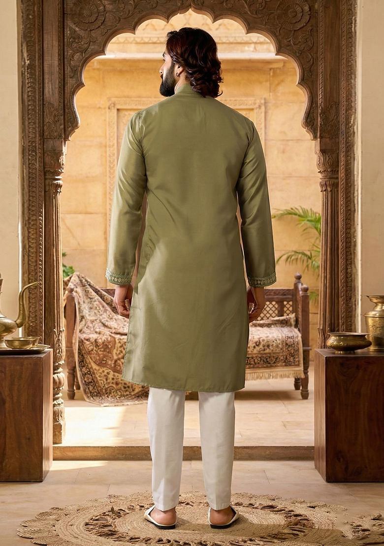Olive Embroidered Cotton Kurta Set For Men - Indya