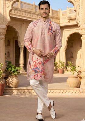 Pink Printed Silk Kurta Set For Men