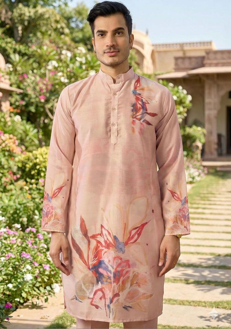 Pink Printed Silk Kurta Set For Men - Indya