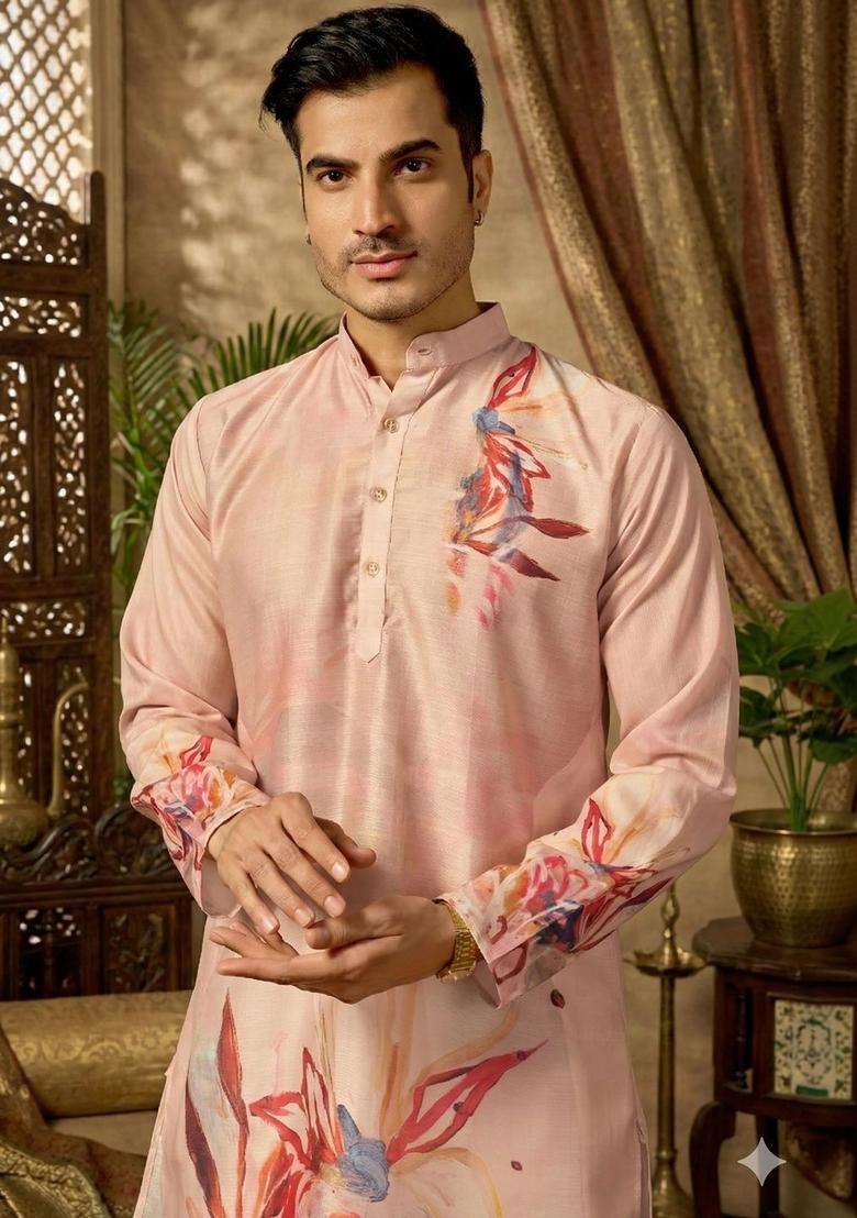 Pink Printed Silk Kurta Set For Men - Indya
