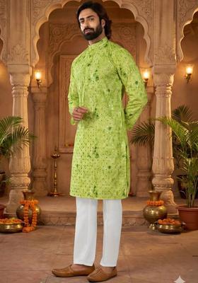 Green Dyed Cotton Kurta Set For Men