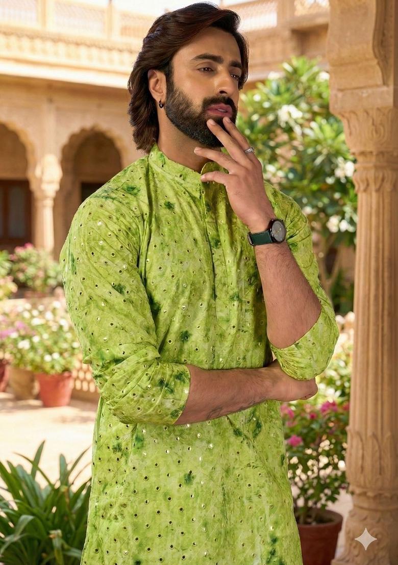 Green Dyed Cotton Kurta Set For Men - Indya