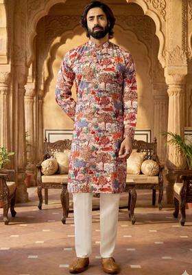 Multi Printed Silk Kurta Set For Men