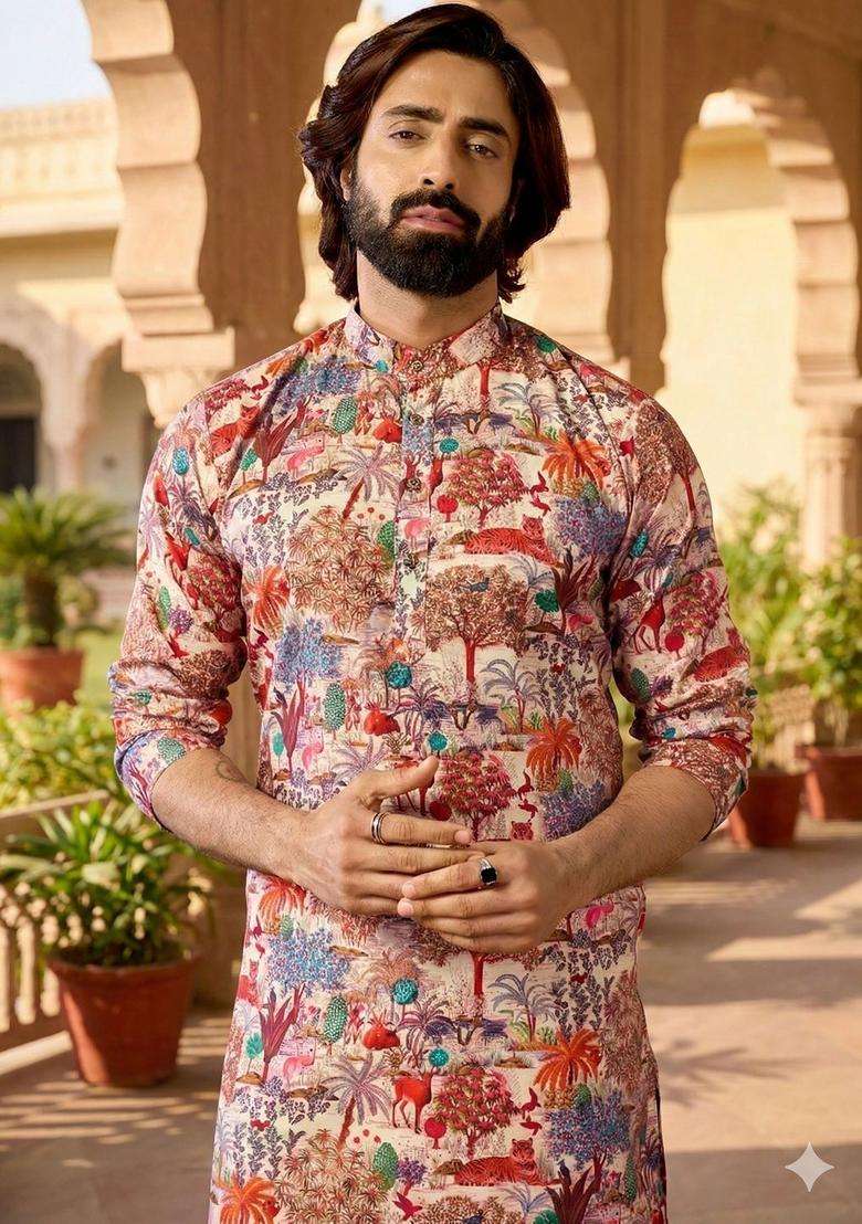 Multi Printed Silk Kurta Set For Men - Indya