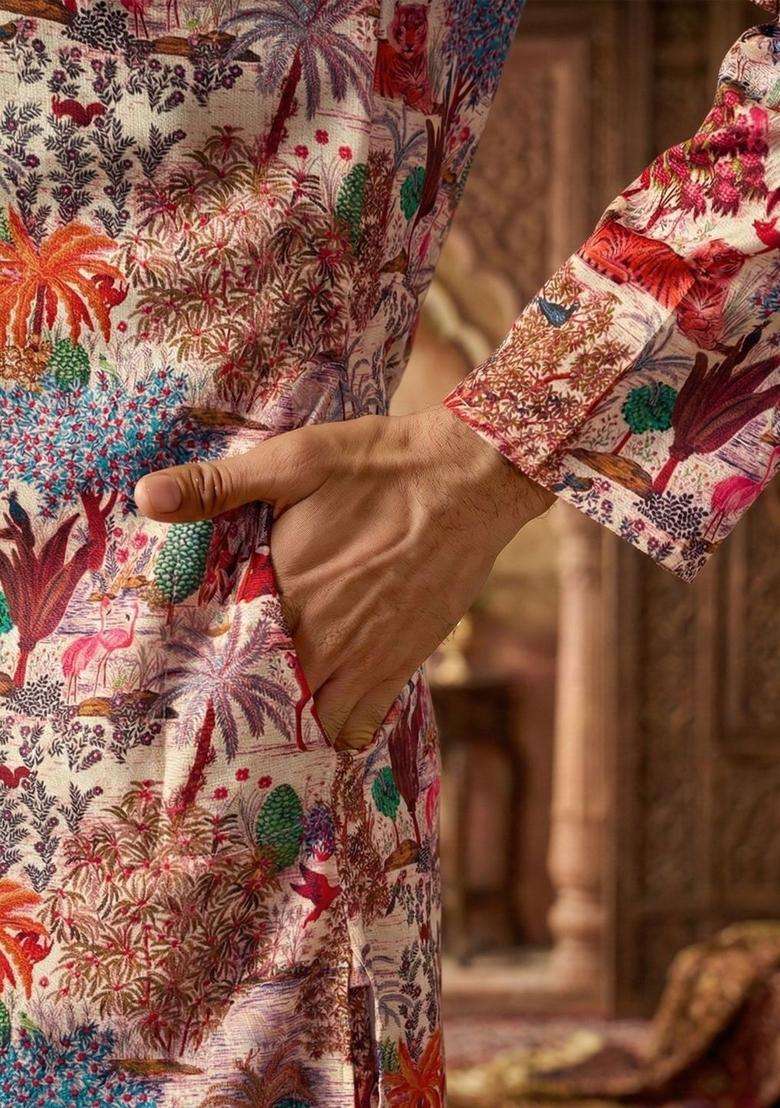 Multi Printed Silk Kurta Set For Men - Indya