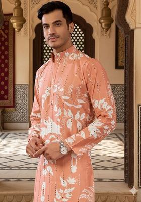Peach Printed Silk Kurta Set For Men
