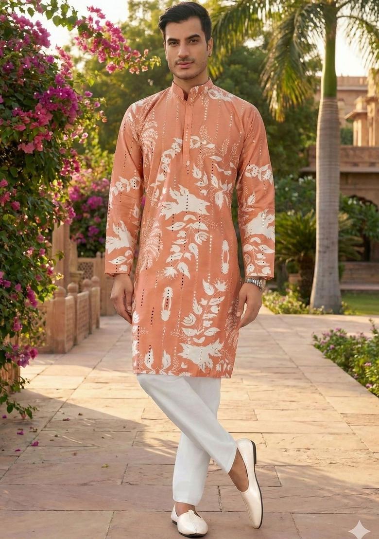 Peach Printed Silk Kurta Set For Men - Indya