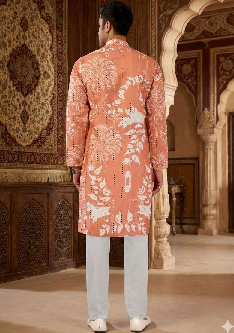Peach Printed Silk Kurta Set For Men - Indya