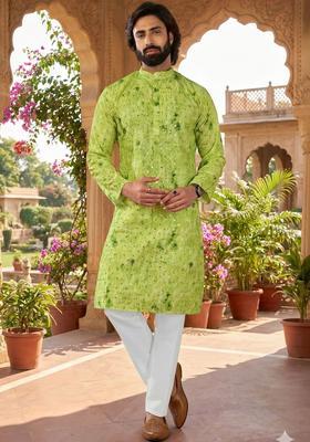 Green Dyed Cotton Kurta Set For Men