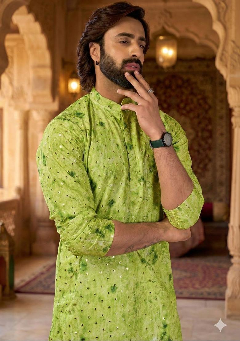 Green Dyed Cotton Kurta Set For Men - Indya
