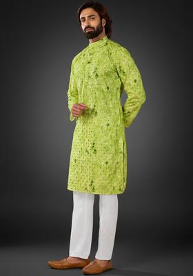 Green Dyed Cotton Kurta Set For Men