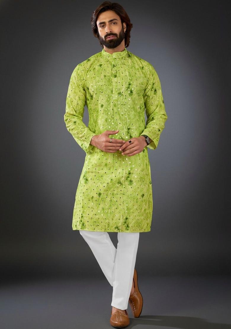 Green Dyed Cotton Kurta Set For Men - Indya