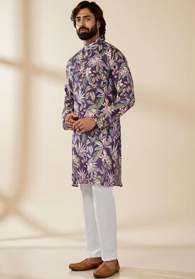 Purple Printed Cotton Kurta Set For Men