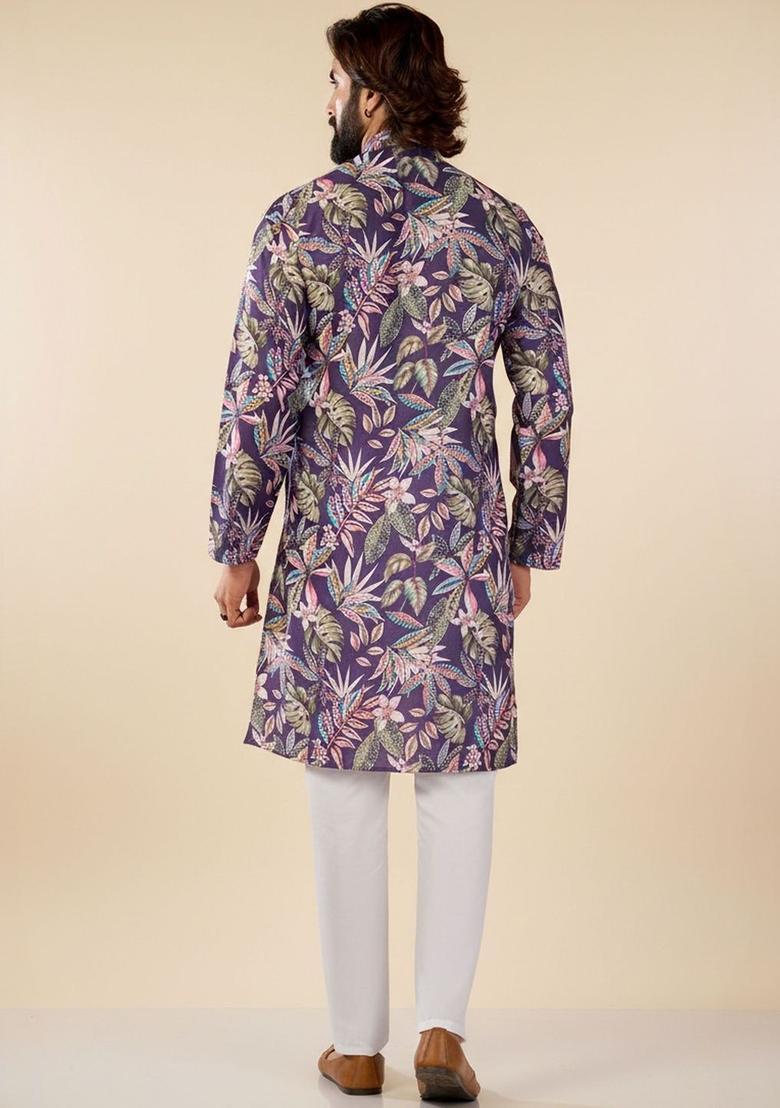 Purple Printed Cotton Kurta Set For Men - Indya