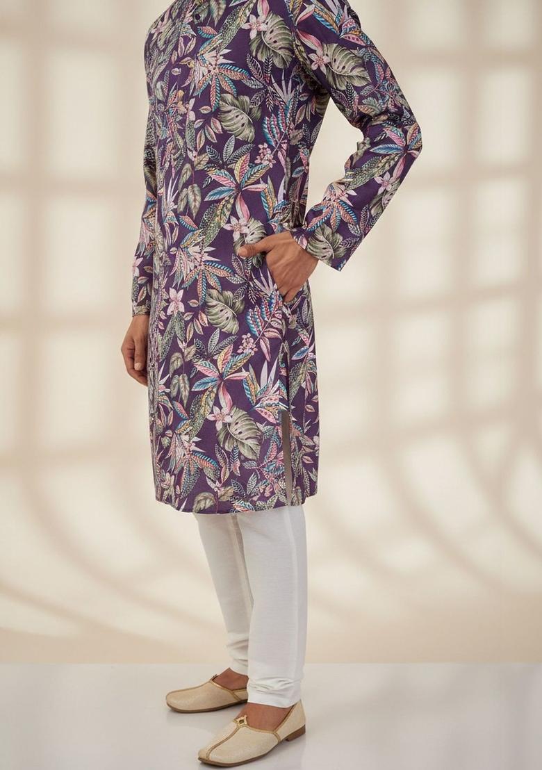 Purple Printed Cotton Kurta Set For Men - Indya
