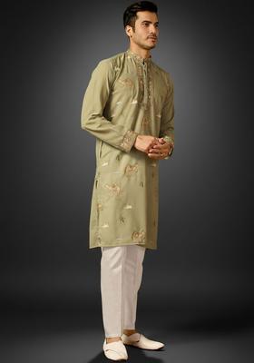 Olive Embroidered Cotton Kurta Set For Men