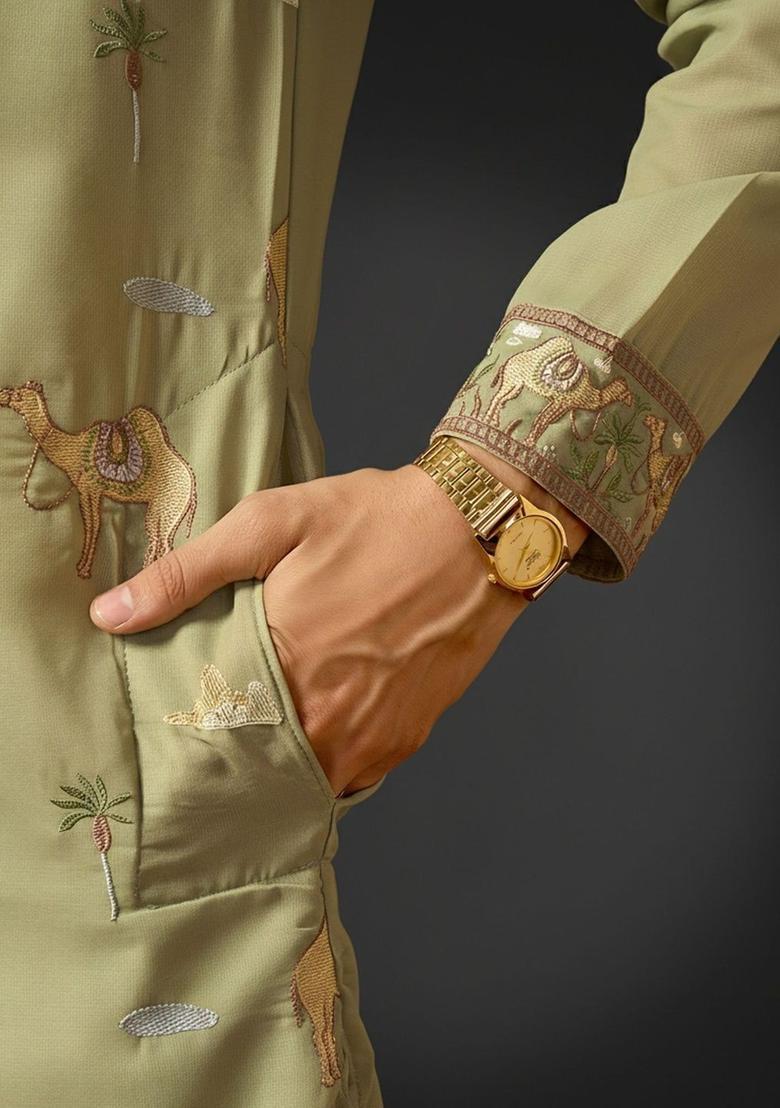 Olive Embroidered Cotton Kurta Set For Men - Indya