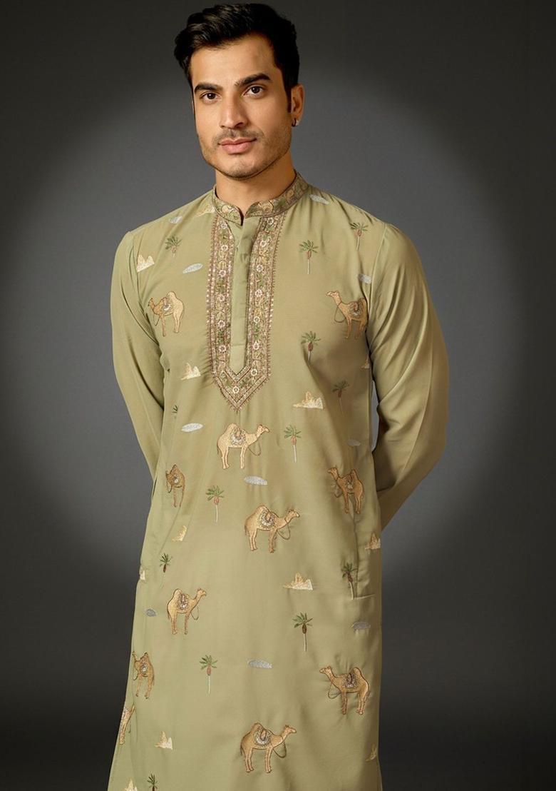 Olive Embroidered Cotton Kurta Set For Men - Indya