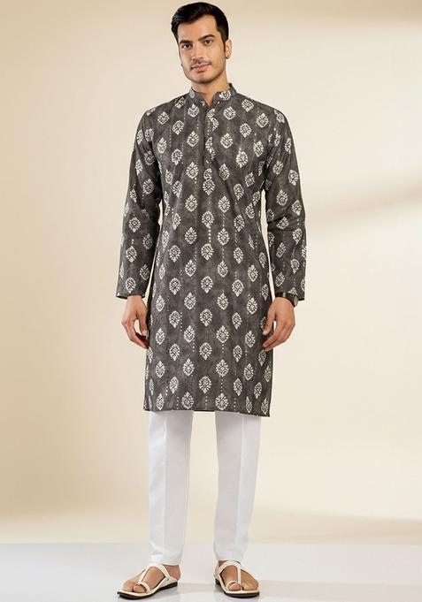 Grey Printed Cotton Kurta Set For Men
