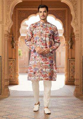 Multi Printed Silk Kurta Set For Men
