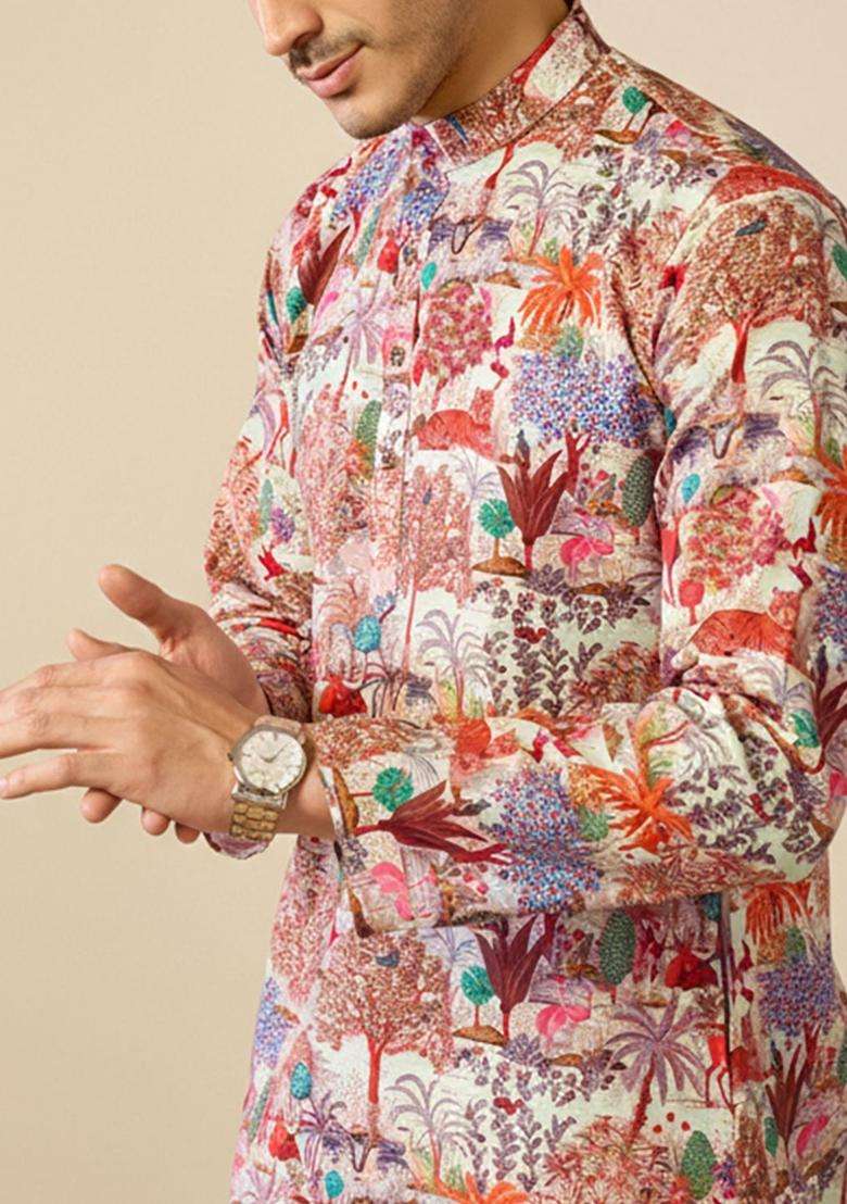 Multi Printed Silk Kurta Set For Men - Indya